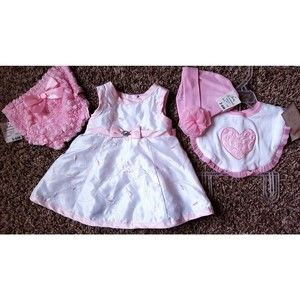 Girl's Size 3-6 M Month 4 Pc White Pink Floral Dress & NWT Rosette DC, Hat & Bib